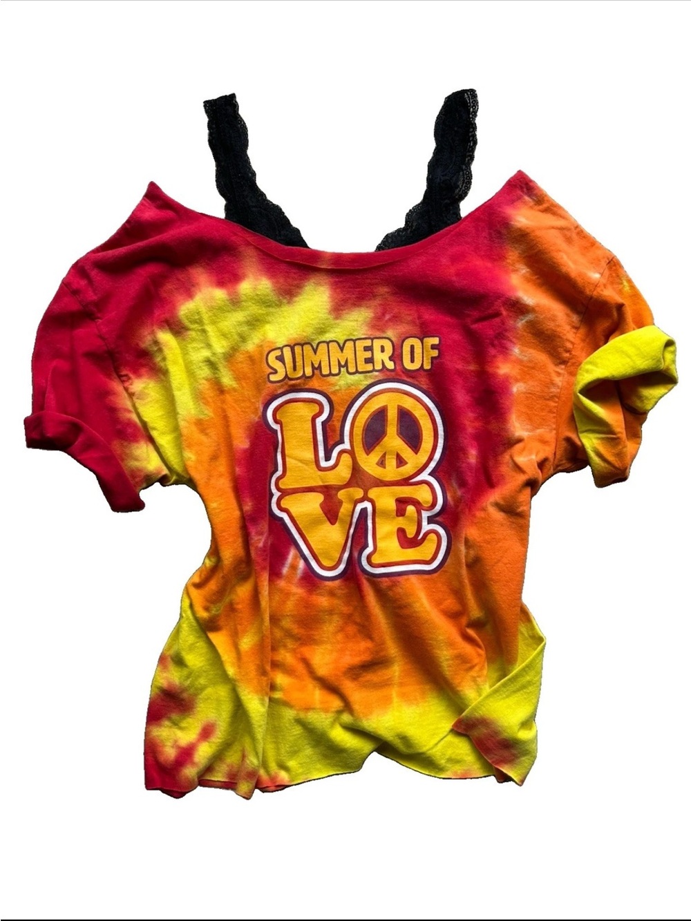 Vintage Y2K Off The Shoulder Tee Summer of Love Hippie Boho Fairy Tie Dye 70s
